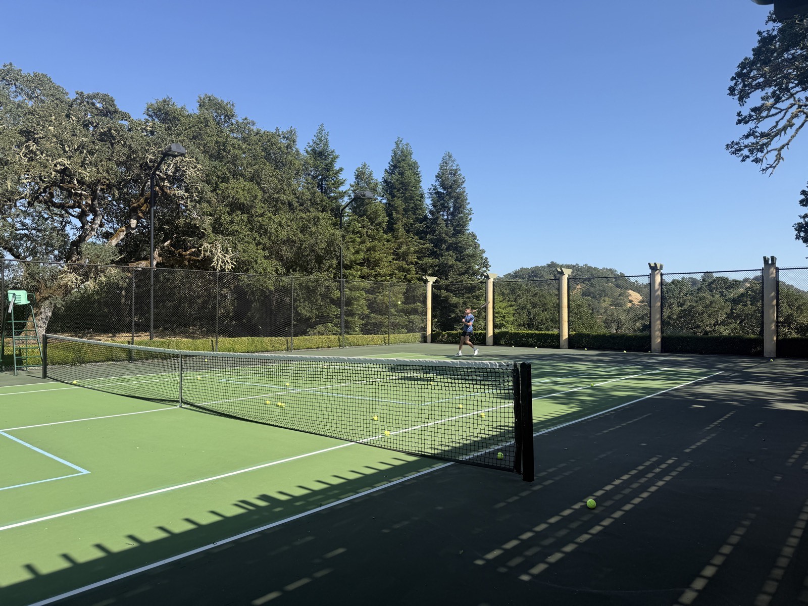 Private tennis court surrounded by oak trees