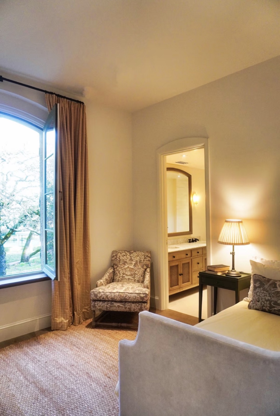 Guest bedroom with blue headboard